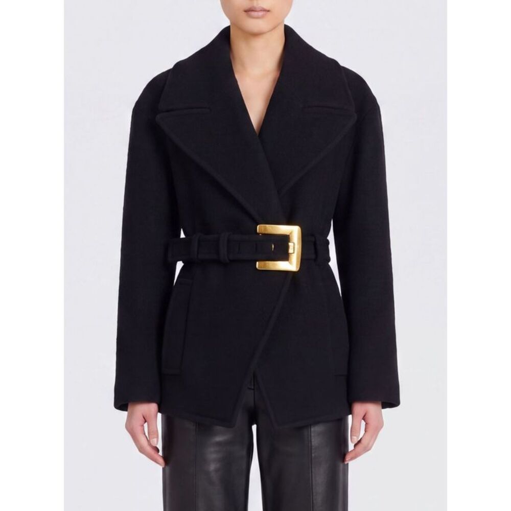 Balmain Women Belted Short Wool Caban Coat Balmain With Lapel Collar
